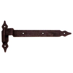 May include: A dark brown metal hinge with decorative accents. The hinge is designed for heavy doors and has a rustic finish.
