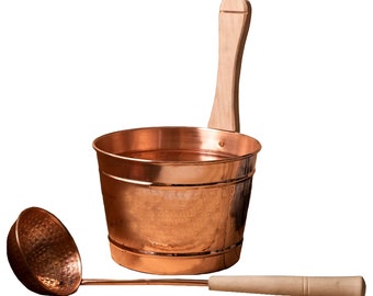 Anatolica Copper Sauna Bucket and 13.8 inches Ladle, Diameter 8.1 inches,  H: 5.9 inches