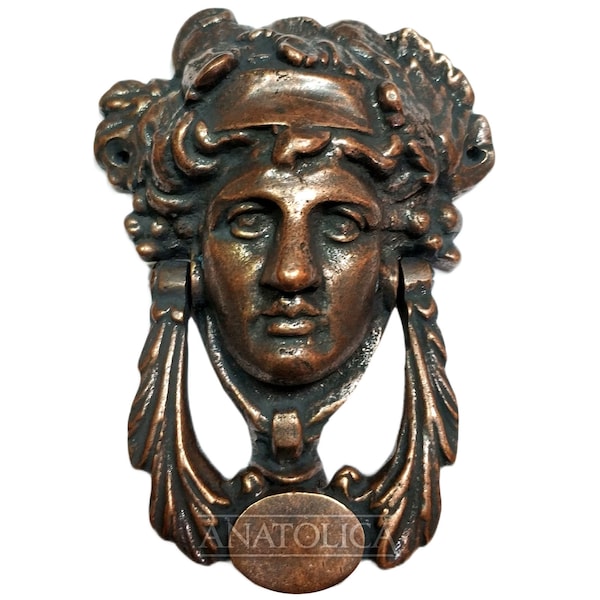 Grecian Goddess Door Knocker Regency Dionysus Face Brass 7.1 inches