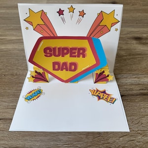 PopUp Surprise Super Vatertagskarte, DIY-Spaß zu machen und zu geben, einfach ausschneiden und kleben 5x7 Super Dad Karte, Download 1 PDF, Druck 3 Seiten