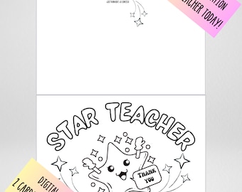 Digitale leraar bedankkaarten om te kleuren voor kinderen van alle leeftijden, leraar waardering DIY kleurkaart, 4x6" kaart, downloadbaar, 1PDF