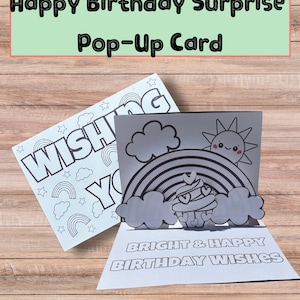 PopUp Surprise Rainbow Birthday Card, DIY Fun to make and give, Easy color, cut & glue 5x7 Happy Birthday Card,Download 1 PDF, Print 3 pages