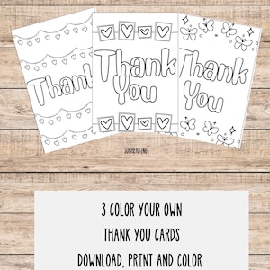 Cartões de agradecimento DIY com corações e borboletas para colorir, 3 cartões para colorir DIY para baixar, Cartões feitos à mão por crianças ou para crianças, Baixe e imprima