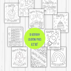 "Digitale ""Happy Birthday"" Ausmalbilder zum Ausdrucken für Kinder jeden Alters, zum Ausmalen und Herunterladen, 1 PDF mit 10 Seiten, 21x28 cm"