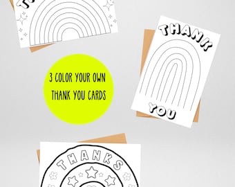 Digital RAINBOW Thank You Cards to Color for Kids of all ages, Coloring fun to download for home or classroom, Print at home coloring pages
