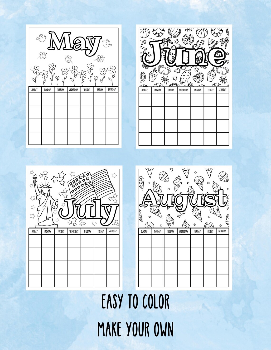 Color Your Own Monthly Calendar, 12 Month Printable Calendar, Kids of ...