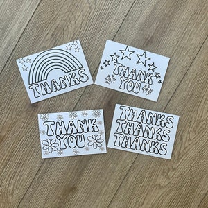 Cartões de agradecimento digitais para colorir para crianças de todas as idades, 4 cartões para colorir DIY para baixar, cartões feitos à mão por crianças ou para crianças, imprimir em casa