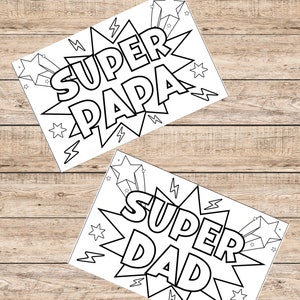 Cartões digitais para colorir do Dia dos Pais, um para o pai e outro para o pai. Diversão para colorir para baixar. Cartões para imprimir de 10 x 15 cm, em branco por dentro.