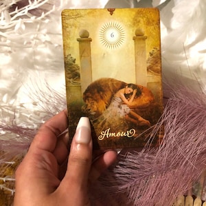 Op de afbeelding: Een tarotkaart met een gouden achtergrond en een vrouw die slaapt op een leeuw. De kaart is genummerd 6 en het woord "Amour" staat onderaan.