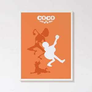 Peut inclure: Une silhouette blanche d'un squelette jouant de la guitare avec un chien et un autre squelette en arrière-plan. L'arrière-plan est orange et le texte "COCO" est en haut de l'image.