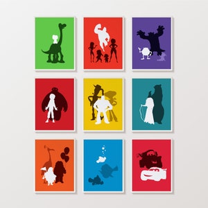 9 Películas animadas Cartel set, Toy Story, Monsters Inc, The Incredibles, Big Hero 6, Up, Brave, Finding Nemo, Cars, The Good Dinosaur