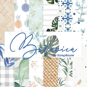 Puede incluir: Un collage de varios patrones botánicos, que incluyen hojas de acuarela, diseños florales y texturas tejidas. La palabra "Botanica" está escrita en cursiva, con "By Scrap&mew" debajo.