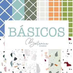 May include: A digital art print featuring a variety of geometric and terrazzo patterns in shades of blue, green, orange, and white. The text "B&Aacute;SICOS Botanica" is displayed on a white background.