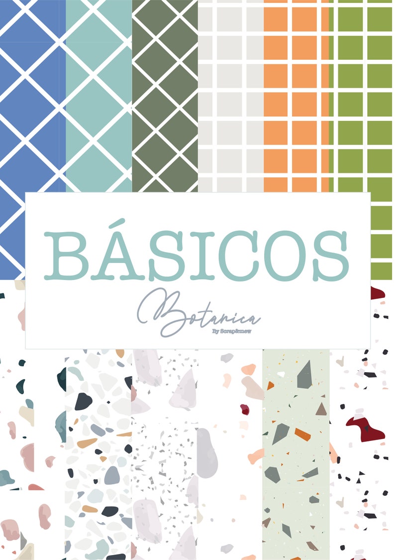 May include: A digital art print featuring a variety of geometric and terrazzo patterns in shades of blue, green, orange, and white. The text "B&Aacute;SICOS Botanica" is displayed on a white background.