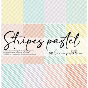 Puede incluir: Una hoja de papel en colores pastel con rayas diagonales en varios colores, incluyendo amarillo, azul y rosa. Las palabras "Stripes pastel" están escritas en cursiva, con texto adicional debajo. El diseño es de Scrap & Mew.