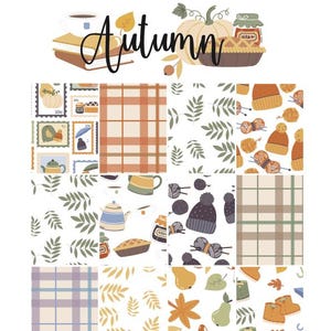 Puede incluir: Una hoja de pegatinas digitales con la palabra Autumn en letra cursiva negra, rodeada de ilustraciones de calabazas, pasteles y tarros. Debajo hay doce patrones rectangulares que incluyen cuadros, hojas, lana, gorros, botas y sellos.