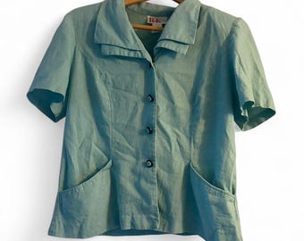 R&K Originals Women's M Vintage 90s Teal Linen Blend Short Sleeve Blazer