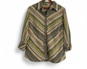 Caribbean Joe Women's M Cotton Multicolor Stripe Vintage y2k 3/4 Sleeve Shirt