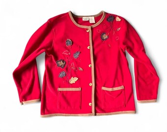 Cárdigan de forro polar rojo vintage de los 90 con bordado de hojas, talla M, de Capacity Knits, para mujer.