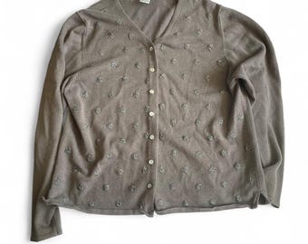 Crystal Kobe Damen S Vintage 90er Jahre Braun Gestickte Blumen Strickjacke mit V-Ausschnitt