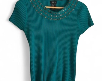R.Q.T. Dames L Vintage Y2K Teal Versierde Stretch Ribgebreide Trui Top