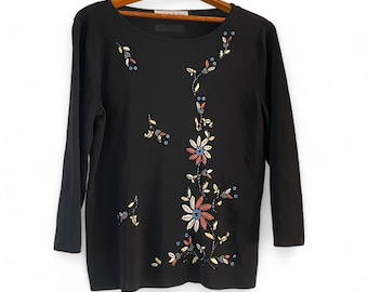 Lucia Burns dames L Vintage jaren 90 zwarte geborduurde bloementop met 3/4-mouwen