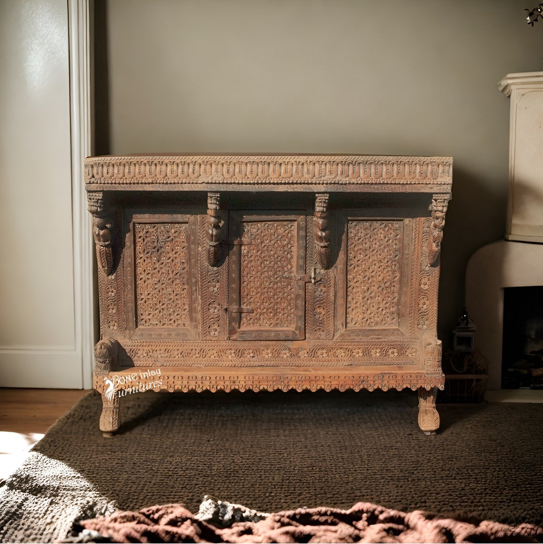 Handmade Carved Vintage Indian Sideboard Chest Traditional Etsy