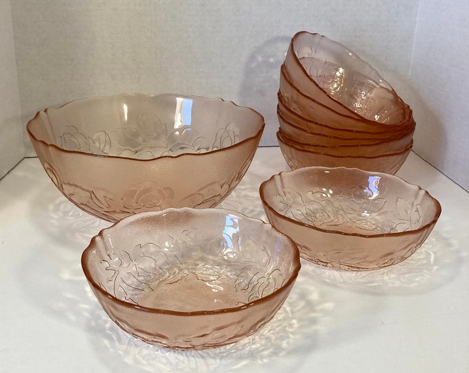 Pink Rosaline Arcoroc France Floral Embossed Serving Bowl Pink Frosted