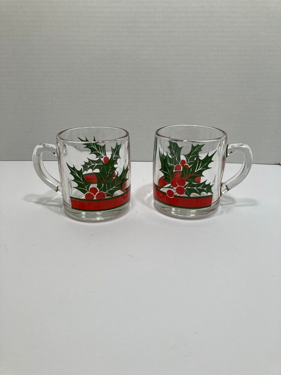 Vintage Libbey Holly and Berry Glass Coffee Mugs set of 2 