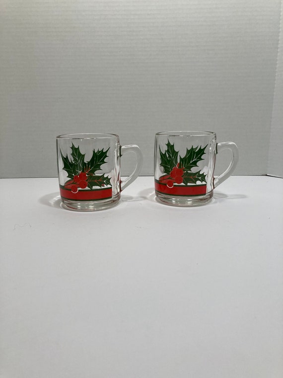 Vintage Libbey Holly and Berry Glass Coffee Mugs set of 2 