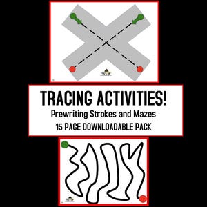 May include: A 15-page downloadable pack of tracing activities featuring prewriting strokes and mazes. The top sheet shows a gray X shape with dashed lines and green arrows. The bottom sheet displays black wavy lines between green and red dots.