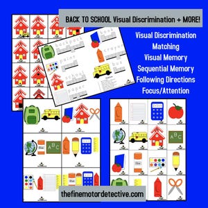 May include: A collection of educational worksheets titled BACK TO SCHOOL Visual Discrimination + MORE! featuring grids of school-themed icons like buses, backpacks, apples, and calculators, designed for matching, memory, and focus exercises.