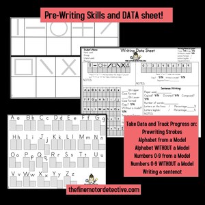 May include: A set of educational worksheets titled Pre-Writing Skills and DATA sheet, featuring grids for tracing shapes like lines, circles, and squares, alongside a Writing Data Sheet for tracking alphabet and number formation progress.