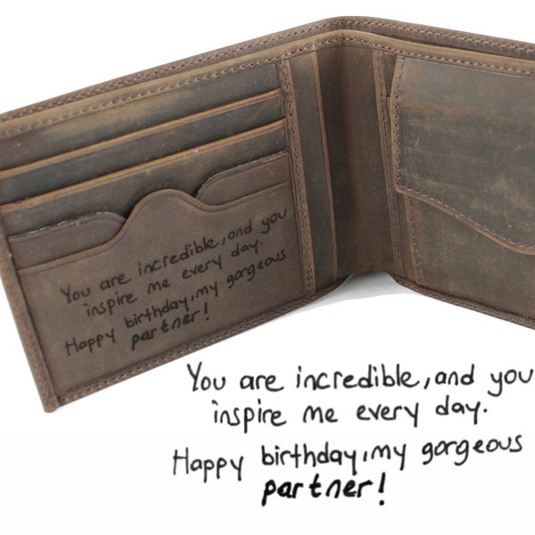 Cartera de fotos personalizada - Cartera de cuero grabada para hombres - Inscripción personalizada en billetera - Regalo del día del aniversario - Regalos del Día del Padre para él