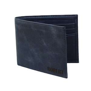 Regalo del Día del Padre - Para él - BILLETERA DE CUERO RFID PERSONALIZADA - Billetera plegable azul marino - Billetera con monograma de inicial grabada