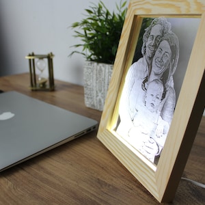 May include: A wooden picture frame with a light inside, displaying a black and white etched image of a family of three. The frame is on a wooden surface.