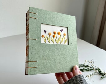 Hand-Cut Yellow Flowers and Butterflies Sketchbook, Decorative Spine, Artist Journal, Handbound Book, Handcrafted Gift