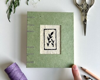 Green and Purple Hand Carved Leaf Stamp Sketchbook, Artist Journal, Handbound Book, Handcrafted Gift