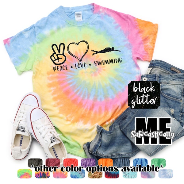 Tie-dye peace love swimming tees | custom swimming and diving theme t-shirts | swim team tee | personalized swimmer shirts | water sports t