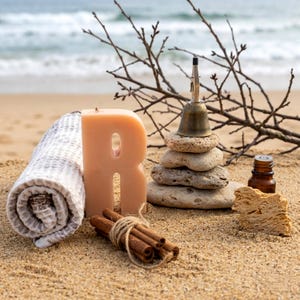 Könnte beinhalten: Strandszene mit einem gerollten Handtuch, einer beigefarbenen Kerze in Form des Buchstabens "R", einer Glocke auf einem Steinhaufen, einer kleinen braunen Flasche und einem Bündel Zimtstangen, die mit Bindfaden zusammengebunden sind. Ein Ast und ein Schwamm sind ebenfalls vorhanden.