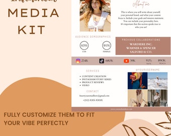 May include: An influencer media kit template featuring a beige and brown color scheme. It includes sections for a biography, audience demographics, previous collaborations, social media statistics, services, and contact information with placeholders.