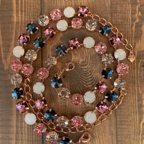 Swarovski Crystal 8mm Necklace, Bracelet, and Earrings, Montana Blue, Rose Patina, Pinks, White