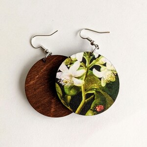 Orecchini in legno e carta con illustrazione botanica e coccinella
