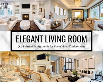 Op de afbeelding: Vier afbeeldingen van elegante woonkamers met verschillende meubelarrangementen, open haarden en raampartijen. De tekst "ELEGANT LIVING ROOM" en "Qty 4 Virtual Backgrounds for Zoom Video Conferencing" wordt weergegeven op een marmeren achtergrond.