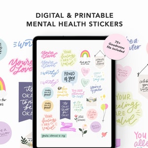 Stickers voor geestelijke gezondheid digitaal afdrukbaar, zelfzorgstickers digitaal afdrukbaar, affirmaties voor geestelijke gezondheid Goodnotes digitale stickers