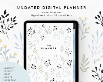 Undated Blue Floral Digital Planner Goodnotes with Hyperlinks, Digital Journal, Goodnotes Notability Xodo Planner, Digital Stickers