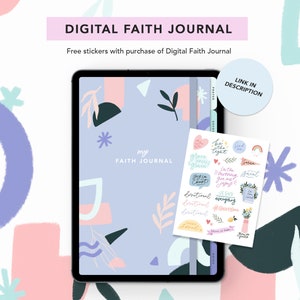 May include: A digital faith journal with a purple cover and abstract shapes. The journal is open to a page that says "my faith journal". The image also includes a sheet of stickers with faith-based quotes and illustrations.
