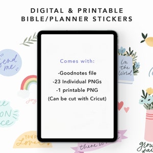 May include: Digital and printable Bible planner stickers with a rainbow, flowers, and text that says "Send me", "Joy", "You're Loved", "In the Word", "There is", and "Grow Faith".