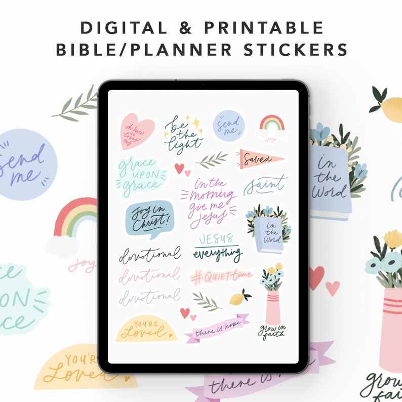 May include: A digital tablet screen displaying a variety of colorful stickers with religious and inspirational messages. The stickers feature phrases like "Send me", "Be the light", "Saved", "In the Word", "Joy in Christ", "Jesus is everything", "You're loved", and "Grow in faith".