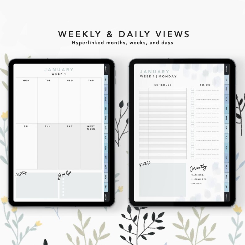 Undated Blue Floral Digital Planner Goodnotes With Hyperlinks, Digital ...